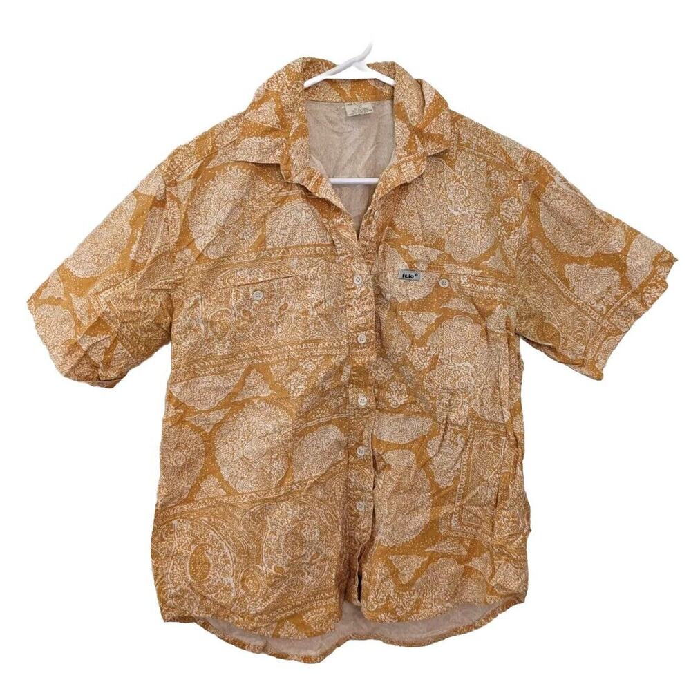 iLio Men's Button Up Shirt Orange White Pattern Short Sleeve Size S